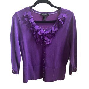 White House Black Market Purple Cardigan Sweater Floral Ruffle Appliques Sz M